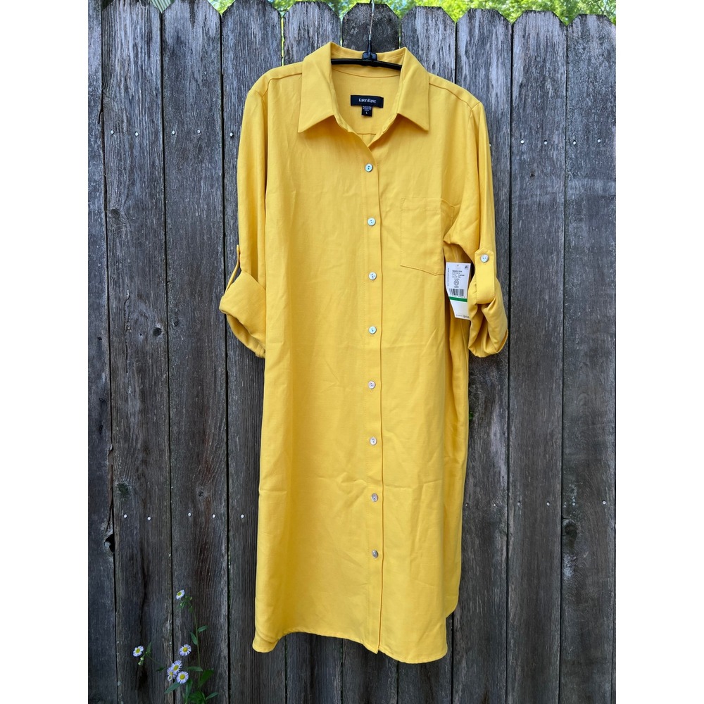 KAREN KANE Yellow Linen Blend Button Down Shirtdress Roll Sleeve Size L NWT